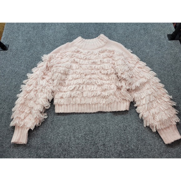 Urban Outfitters Sweaters - Urban Outfitters Shaggy Fringe Knit Sweater Pink Mock Neck Cropped Medium UO